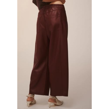 Anoumcy Faux Leather Pants for Women High Waist Wide Leg PU Leather Barrel Palazzo Trousers Pants with Pockets Brown Red M