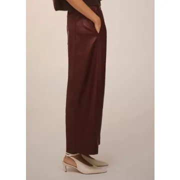 Anoumcy Faux Leather Pants for Women High Waist Wide Leg PU Leather Barrel Palazzo Trousers Pants with Pockets Brown Red M