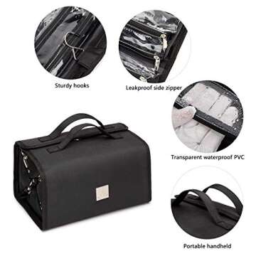 ROYALFAIR Roll Up Makeup Bag, Travel Toiletry Bag for Women with 4 Clear TSA Approved Pouches, Hanging Travel Organizer, Folding Cosmetic Bag for Men and Women (Black)