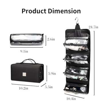 ROYALFAIR Roll Up Makeup Bag, Travel Toiletry Bag for Women with 4 Clear TSA Approved Pouches, Hanging Travel Organizer, Folding Cosmetic Bag for Men and Women (Black)