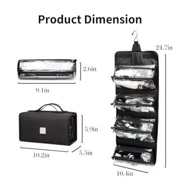 ROYALFAIR Roll Up Makeup Bag, Travel Toiletry Bag for Women with 4 Clear TSA Approved Pouches, Hanging Travel Organizer, Folding Cosmetic Bag for Men and Women (Black)