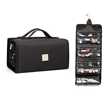ROYALFAIR Roll Up Makeup Bag, Travel Toiletry Bag for Women with 4 Clear TSA Approved Pouches, Hanging Travel Organizer, Folding Cosmetic Bag for Men and Women (Black)