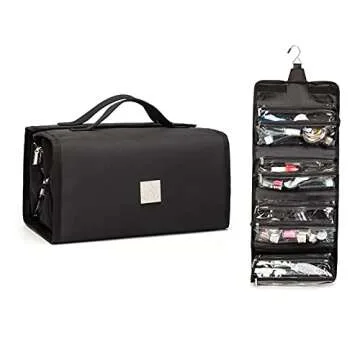 ROYALFAIR Roll Up Makeup Bag, Travel Toiletry Bag for Women with 4 Clear TSA Approved Pouches, Hanging Travel Organizer, Folding Cosmetic Bag for Men and Women (Black)