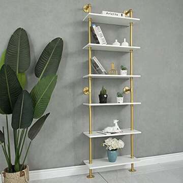 HEONITURE Industrial Gold Bookshelf-6 Tier Wall Mounted Ladder Bookshelf, Rustic Gold Storage Book S...