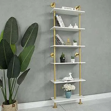 HEONITURE Industrial Gold Bookshelf-6 Tier Wall Mounted Ladder Bookshelf, Rustic Gold Storage Book S...