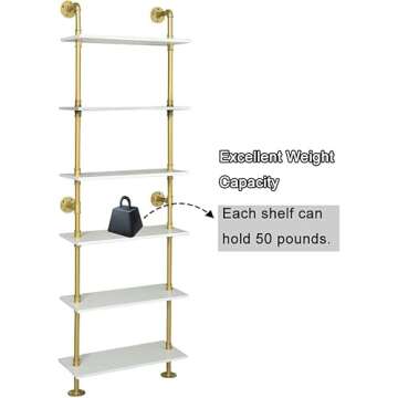 HEONITURE Industrial Gold Bookshelf-6 Tier Wall Mounted Ladder Bookshelf, Rustic Gold Storage Book Shelves Display Bookcases for Living Room/Home/Office