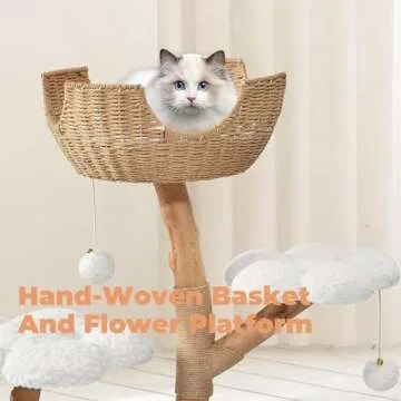 Easyego Modern Cat Tree,Aesthetic Wood Cat Tower with Scratching Posts,Hand-Woven Basket and Flower Platform & Cat Condo for Large Cats,(White)