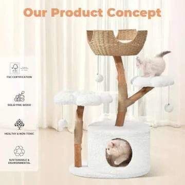 Easyego Modern Cat Tree,Aesthetic Wood Cat Tower with Scratching Posts,Hand-Woven Basket and Flower Platform & Cat Condo for Large Cats,(White)