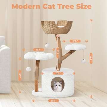 Easyego Modern Cat Tree,Aesthetic Wood Cat Tower with Scratching Posts,Hand-Woven Basket and Flower Platform & Cat Condo for Large Cats,(White)