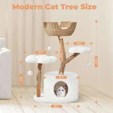 Easyego Modern Cat Tree,Aesthetic Wood Cat Tower with Scratching Posts,Hand-Woven Basket and Flower Platform & Cat Condo for Large Cats,(White)