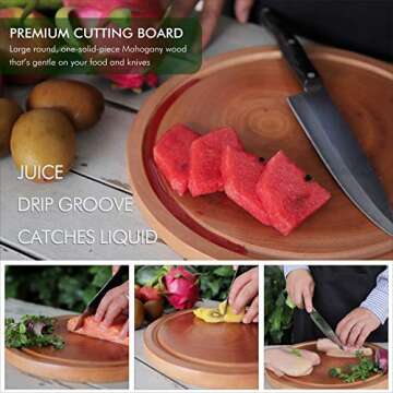 Large Round Mahogany Wood Cutting Board with Juice Groove | Single Piece Triple Sanded Natural End G...