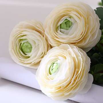 Artificial Ranunculus Flowers with Real Touch Stem, Silk Ranunculus Flowers (6 Pack) (White)