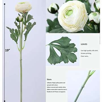 Artificial Ranunculus Flowers with Real Touch Stem, Silk Ranunculus Flowers (6 Pack) (White)