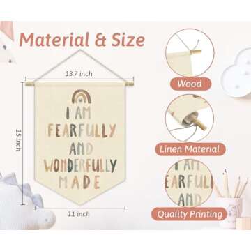 XYDEG Christian Nursery Wall Art Canvas Banner,Fearfully and Wonderfully Made,Bible Verses Wall Hanging Pennant Flag Canvas Banner for Kids Wall Art Playroom Classroom Baby Kids Bedroom 15x11in