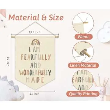 XYDEG Christian Nursery Wall Art Canvas Banner,Fearfully and Wonderfully Made,Bible Verses Wall Hanging Pennant Flag Canvas Banner for Kids Wall Art Playroom Classroom Baby Kids Bedroom 15x11in
