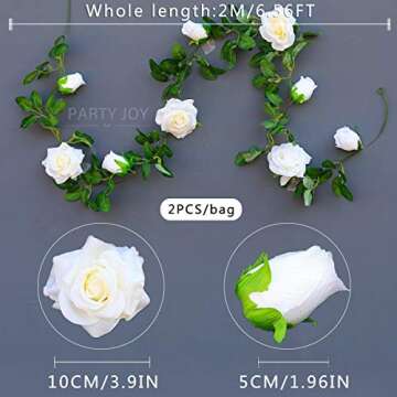 PARTY JOY 2pcs Flower Garland Fake Rose Vine Artificial Flowers Hanging Rose Ivy Hanging Baskets Wedding Arch Garden Background Decor（White）