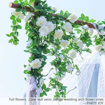 PARTY JOY 2pcs Flower Garland Fake Rose Vine Artificial Flowers Hanging Rose Ivy Hanging Baskets Wedding Arch Garden Background Decor（White）