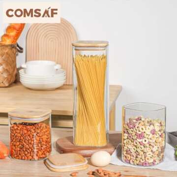 ComSaf Glass Food Storage Containers Set, 3 Pcs Airtight Clear Food Jars with Lids, Square Stackable Kitchen Canisters, Glass Jars For Spaghetti Pasta, Spice, Sugar, Candy, Tea, and Coffee Beans