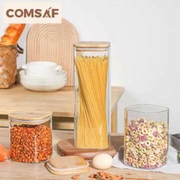 ComSaf Glass Food Storage Containers Set, 3 Pcs Airtight Clear Food Jars with Lids, Square Stackable Kitchen Canisters, Glass Jars For Spaghetti Pasta, Spice, Sugar, Candy, Tea, and Coffee Beans