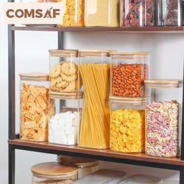 ComSaf Glass Food Storage Containers Set, 3 Pcs Airtight Clear Food Jars with Lids, Square Stackable Kitchen Canisters, Glass Jars For Spaghetti Pasta, Spice, Sugar, Candy, Tea, and Coffee Beans