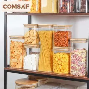 ComSaf Glass Food Storage Containers Set, 3 Pcs Airtight Clear Food Jars with Lids, Square Stackable Kitchen Canisters, Glass Jars For Spaghetti Pasta, Spice, Sugar, Candy, Tea, and Coffee Beans