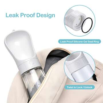 Avont Dog Water Bottle, 11OZ Portable Doggy Water Dispenser with Treat Food Container, Leak Proof Pet Drinking Hydration Bottles for Outdoor Walking Hiking Travel On The Go -White