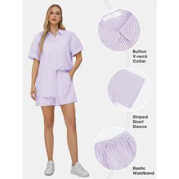 EXLURA Womens Summer 2 Piece Outfits Oversized Short Sleeve Button Down Shirts and Shorts Lounge Paj...
