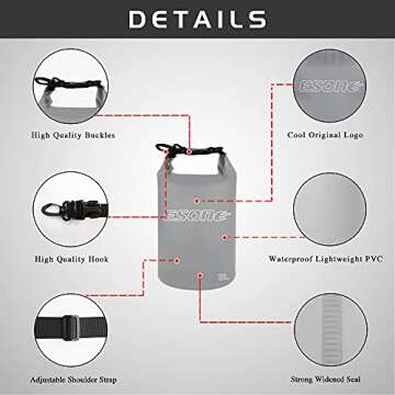 ESONE Waterproof Dry Bag for Women Men, 2L/ 5L/ 10L/ 15L/ 20L Roll Top Lightweight Transparent Dry Storage Bag Backpack with Cool Phone Case for Swimming, Boating, Camping and Beach
