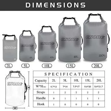 ESONE Waterproof Dry Bag for Women Men, 2L/ 5L/ 10L/ 15L/ 20L Roll Top Lightweight Transparent Dry Storage Bag Backpack with Cool Phone Case for Swimming, Boating, Camping and Beach