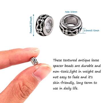 KISSITTY 100-Piece Tibetan Antique Silver European Large Hole Rondelle Spacer Beads 7mm with 3.5mm H...