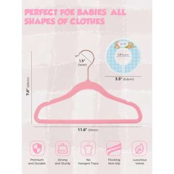 Smartor Premium Baby Hangers Velvet for Closet 50 Pack Pink 11.8 Inch Durable Kids Felt Hangers Non Slip for Toddler, Baby Clothes Hangers for Infant/Childrens on Closet Storage