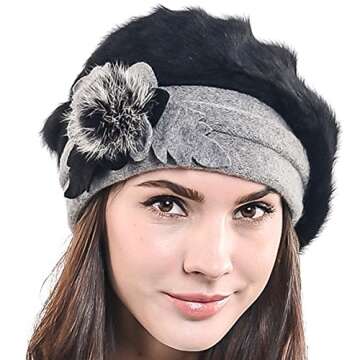 F&N STORY Lady French Beret Wool Beret Chic Beanie Winter Hat Jf-br034 (BR022-Black Angora)