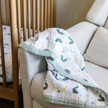 Little Unicorn Newborn Receiving Quilt | Ultra- Soft, Multi-Layered Muslin Fabric | Gift for Newborns & on-The-go (Peacock)
