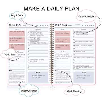 KAICN Daily Planner - Hourly Schedules Agenda Appointment Planner Undated with to-Do List, Meals, Notes 10"×7.3", Flexible PVC Hard Cover, Twin-Wire Binding