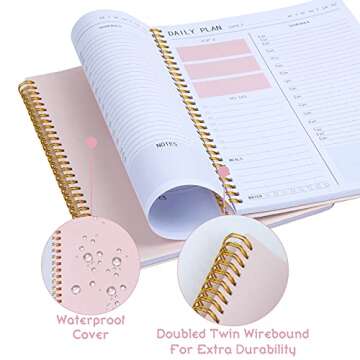 KAICN Daily Planner - Hourly Schedules Agenda Appointment Planner Undated with to-Do List, Meals, Notes 10"×7.3", Flexible PVC Hard Cover, Twin-Wire Binding