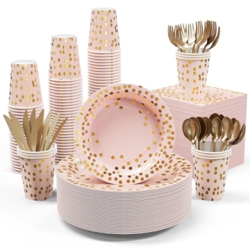Pink and Gold Party Supplies - 350 PCS Disposable Dinnerware Set - Pink Paper Plates Napkins Cups, G...