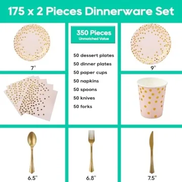 Pink and Gold Party Supplies - 350 PCS Disposable Dinnerware Set - Pink Paper Plates Napkins Cups, Gold Plastic Forks Knives Spoon for Graduation, Birthday, Cocktail Party