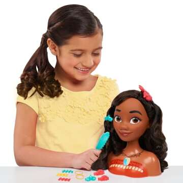 Disney Princess Moana Styling Head with Accessories, 14-pieces, Black Hair, Brown Eyes, Kids Toys fo...