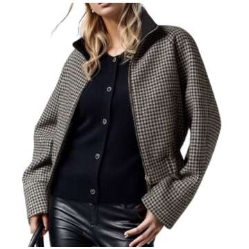 CHARTOU Women Cropped Wool Jacket Houndstooth Plaid Fall Winter Peacoat Outwear (X-Small, Black)