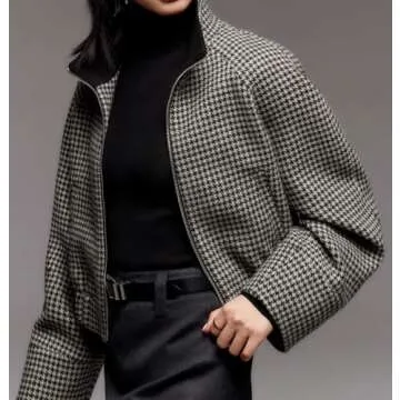 Stylish CHARTOU Women's Cropped Wool Jacket - Houndstooth