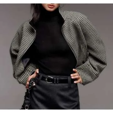 Stylish CHARTOU Women's Cropped Wool Jacket - Houndstooth