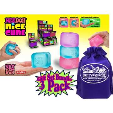Schylling Nice Cube Translucent NeeDoh...Groovy Glob! Squishy, Squeezy, Popping, Stretchy Stress Fidget Cubes Complete Gift Set Party Bundle with Storage Bag - 3 Pack (Purple, Pink & Blue)