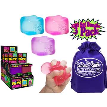 Schylling Nice Cube Translucent NeeDoh...Groovy Glob! Squishy, Squeezy, Popping, Stretchy Stress Fidget Cubes Complete Gift Set Party Bundle with Storage Bag - 3 Pack (Purple, Pink & Blue)