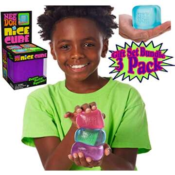 Schylling Nice Cube Translucent NeeDoh...Groovy Glob! Squishy, Squeezy, Popping, Stretchy Stress Fidget Cubes Complete Gift Set Party Bundle with Storage Bag - 3 Pack (Purple, Pink & Blue)