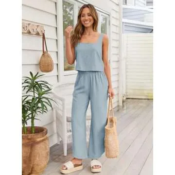 AUTOMET 2 Piece Summer Outfits for Women Casual Soft Lounge Matching Sets Two Piece Linen Crop Top Pants 2024 Fashion Clothes Blue M