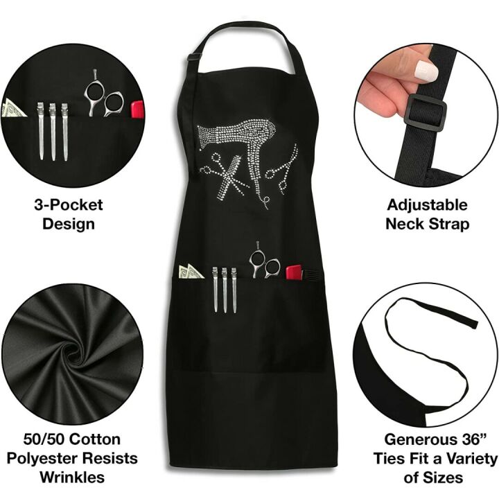Stylish Rhinestone Hair Stylist Apron with 3 Pockets