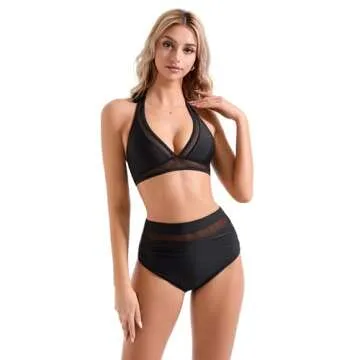 SUUKSESS Women Sexy High Waisted Bikini Sets Mesh Tummy Control Two Piece Swimsuits Halter Push Up B...