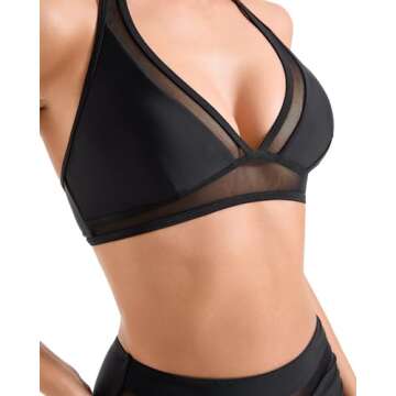 SUUKSESS Women Sexy High Waisted Bikini Sets Mesh Tummy Control Two Piece Swimsuits Halter Push Up Bathing Suits(Black,S)