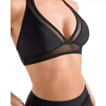 SUUKSESS Women Sexy High Waisted Bikini Sets Mesh Tummy Control Two Piece Swimsuits Halter Push Up Bathing Suits(Black,S)