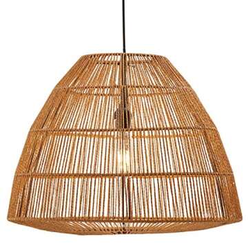 Amazon Brand – Stone & Beam Rustic Global Round Woven Lamp Shade Hanging Ceiling Pendant Fixture with Light Bulb, 14.75"H, Adjustable Hanging Height, Natural Rattan